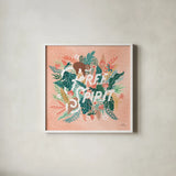 Jungle Hangout IV by Laura Marshall. Shown in a crisp white glass frame for a clean and minimalist style. Available as an archival giclee rolled canvas, fine art paper, or poster print. SKU 55743a.