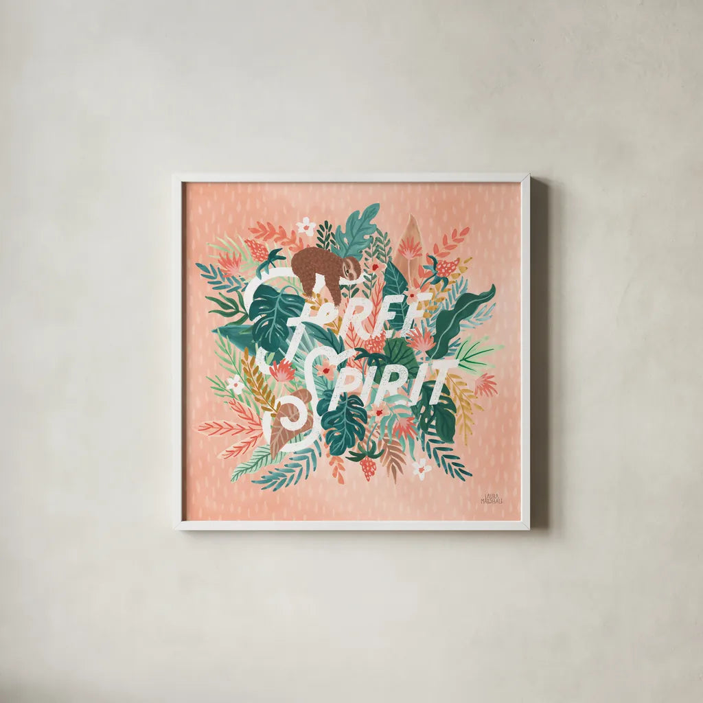 Jungle Hangout IV by Laura Marshall. Shown in a crisp white glass frame for a clean and minimalist style. Available as an archival giclee rolled canvas, fine art paper, or poster print. SKU 55743a.