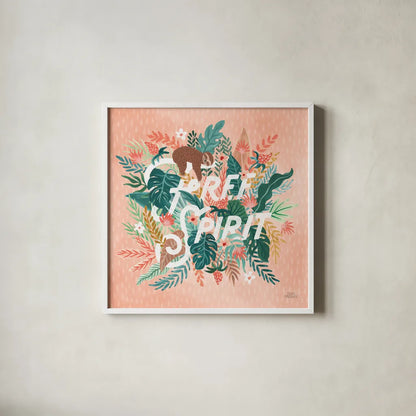 Jungle Hangout IV by Laura Marshall. Shown in a crisp white glass frame for a clean and minimalist style. Available as an archival giclee rolled canvas, fine art paper, or poster print. SKU 55743a.