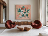 Jungle Hangout IV by Laura Marshall. Shown as extra-large giant wall art in a modern living room. Available as an archival giclee rolled canvas, fine art paper, or poster print. SKU 55743a.
