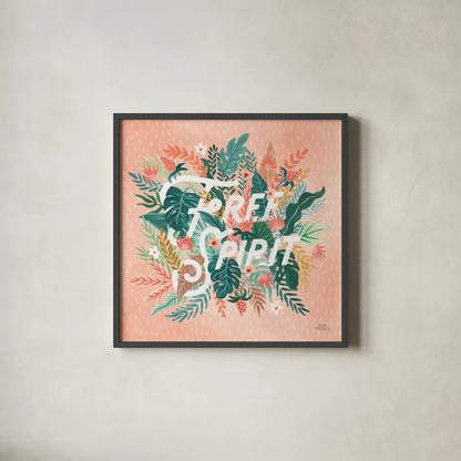 Jungle Hangout IV No Sloth by Laura Marshall. Shown in a sleek black glass frame for a contemporary gallery look. Available as an archival giclee rolled canvas, fine art paper, or poster print. SKU 59122a.