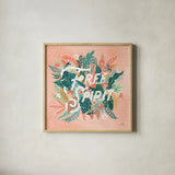 Jungle Hangout IV No Sloth by Laura Marshall. Shown in a natural wood glass frame for a timeless modern aesthetic. Available as an archival giclee rolled canvas, fine art paper, or poster print. SKU 59122a.