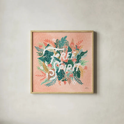 Jungle Hangout IV No Sloth by Laura Marshall. Shown in a natural wood glass frame for a timeless modern aesthetic. Available as an archival giclee rolled canvas, fine art paper, or poster print. SKU 59122a.