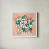 Jungle Hangout IV No Sloth by Laura Marshall. Shown in a crisp white glass frame for a clean and minimalist style. Available as an archival giclee rolled canvas, fine art paper, or poster print. SKU 59122a.