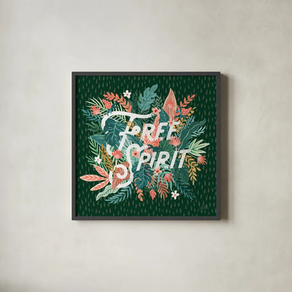 Jungle Hangout IV No Sloth Emerald Green by Laura Marshall. Shown in a sleek black glass frame for a contemporary gallery look. Available as an archival giclee rolled canvas, fine art paper, or poster print. SKU 59162a.