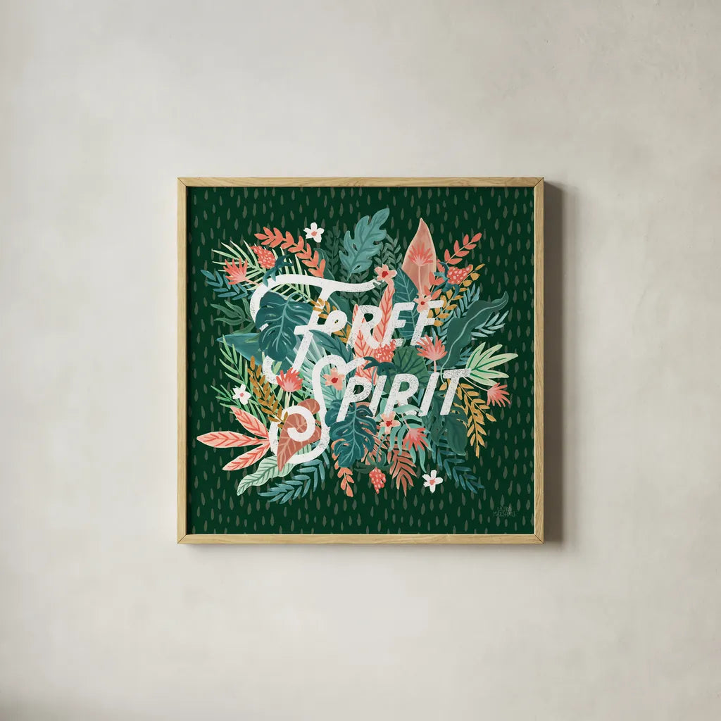 Jungle Hangout IV No Sloth Emerald Green by Laura Marshall. Shown in a natural wood glass frame for a timeless modern aesthetic. Available as an archival giclee rolled canvas, fine art paper, or poster print. SKU 59162a.