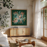 Jungle Hangout IV No Sloth Emerald Green by Laura Marshall. Shown in a natural wood frame in a cozy modern living room. Available as an archival giclee rolled canvas, fine art paper, or poster print. SKU 59162a.