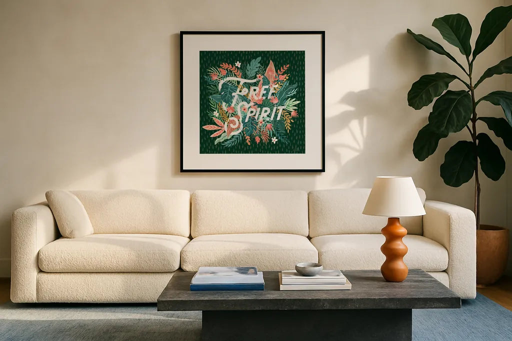 Jungle Hangout IV No Sloth Emerald Green by Laura Marshall. Displayed in a glass frame with matte in a clean modern living room. Available as an archival giclee rolled canvas, fine art paper, or poster print. SKU 59162a.
