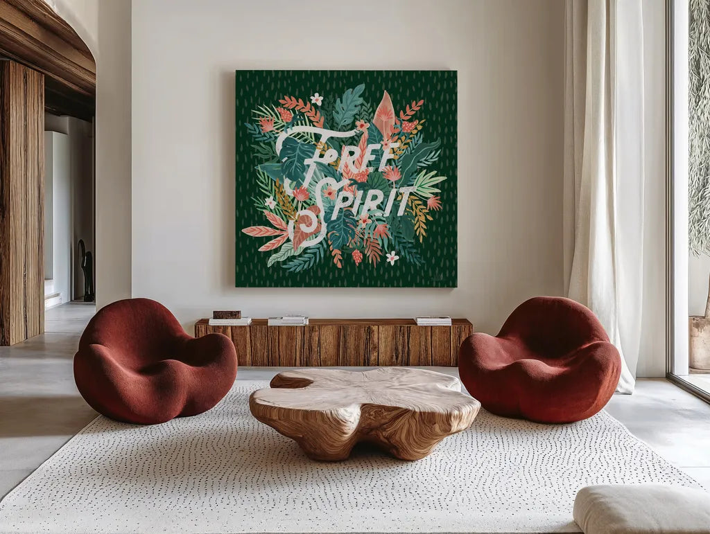 Jungle Hangout IV No Sloth Emerald Green by Laura Marshall. Shown as extra-large giant wall art in a modern living room. Available as an archival giclee rolled canvas, fine art paper, or poster print. SKU 59162a.