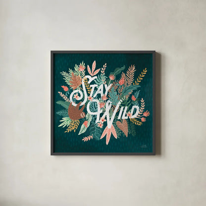 Jungle Hangout V by Laura Marshall. Shown in a sleek black glass frame for a contemporary gallery look. Available as an archival giclee rolled canvas, fine art paper, or poster print. SKU 55744a.