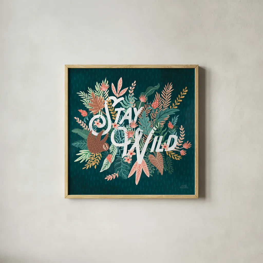 Jungle Hangout V by Laura Marshall. Shown in a natural wood glass frame for a timeless modern aesthetic. Available as an archival giclee rolled canvas, fine art paper, or poster print. SKU 55744a.