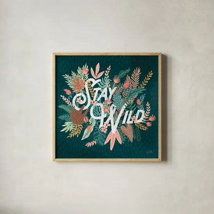 Jungle Hangout V by Laura Marshall. Shown in a natural wood glass frame for a timeless modern aesthetic. Available as an archival giclee rolled canvas, fine art paper, or poster print. SKU 55744a.