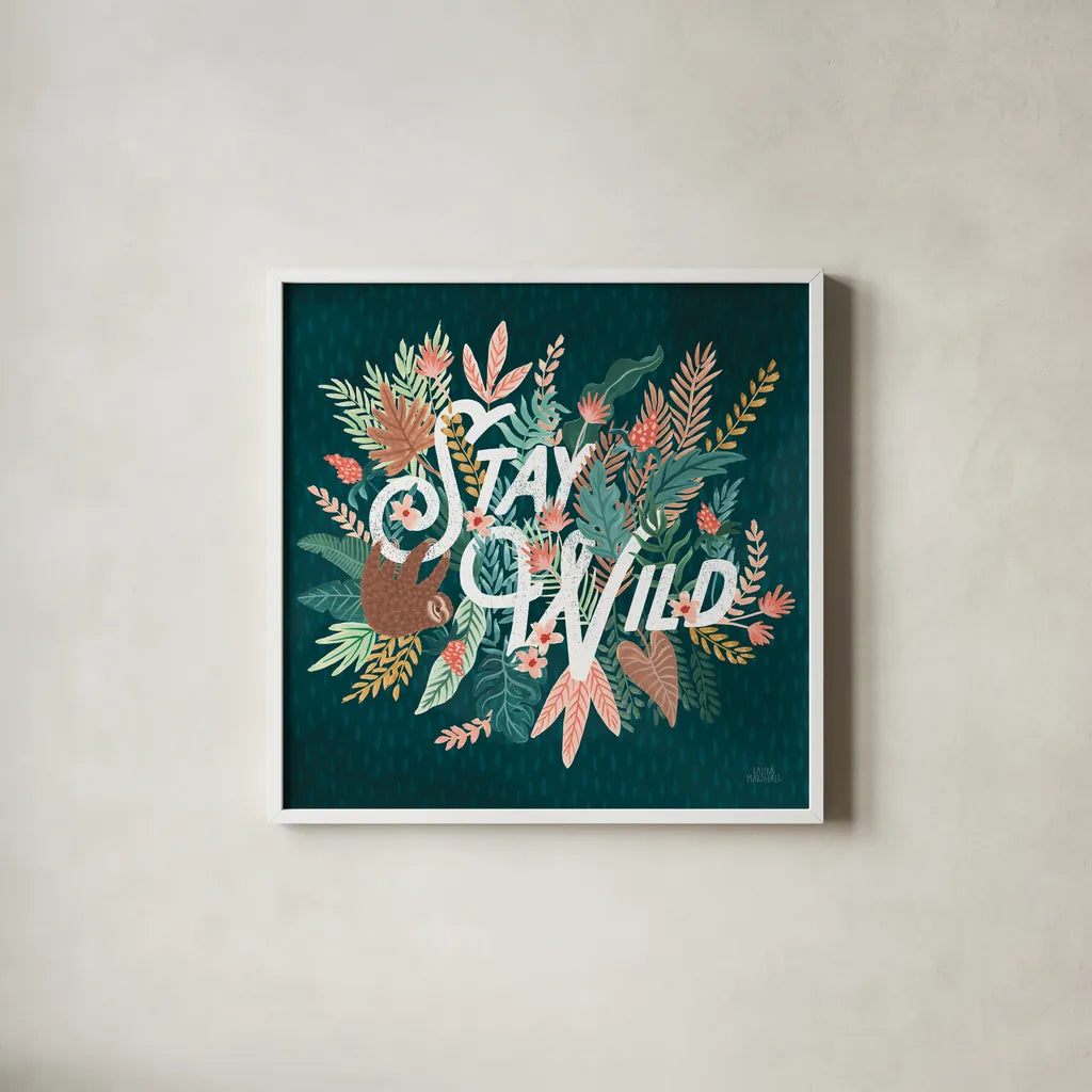 Jungle Hangout V by Laura Marshall. Shown in a crisp white glass frame for a clean and minimalist style. Available as an archival giclee rolled canvas, fine art paper, or poster print. SKU 55744a.