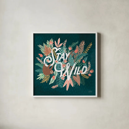 Jungle Hangout V by Laura Marshall. Shown in a crisp white glass frame for a clean and minimalist style. Available as an archival giclee rolled canvas, fine art paper, or poster print. SKU 55744a.