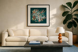 Jungle Hangout V by Laura Marshall. Displayed in a glass frame with matte in a clean modern living room. Available as an archival giclee rolled canvas, fine art paper, or poster print. SKU 55744a.