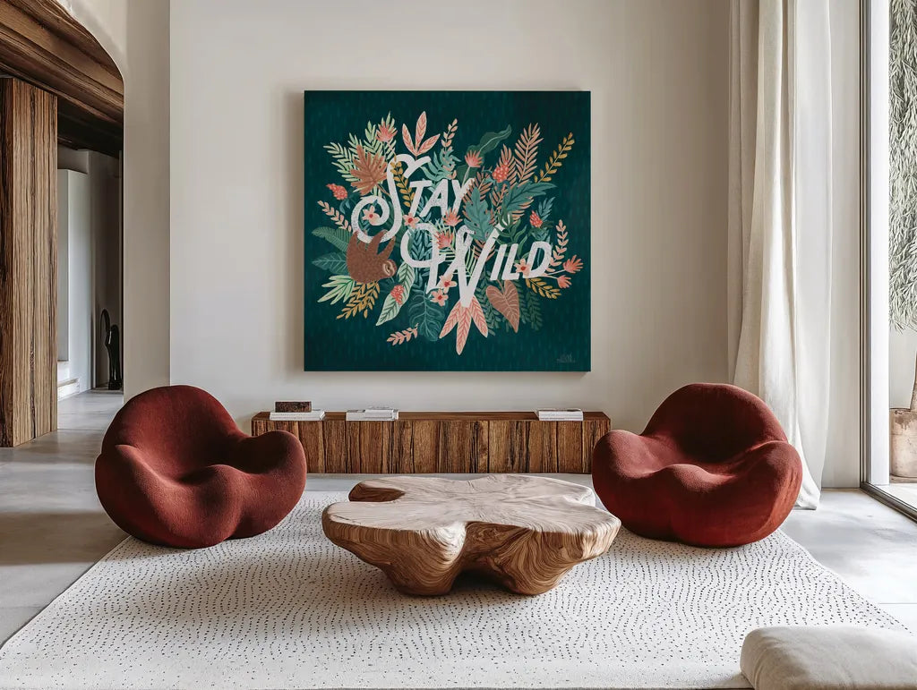 Jungle Hangout V by Laura Marshall. Shown as extra-large giant wall art in a modern living room. Available as an archival giclee rolled canvas, fine art paper, or poster print. SKU 55744a.