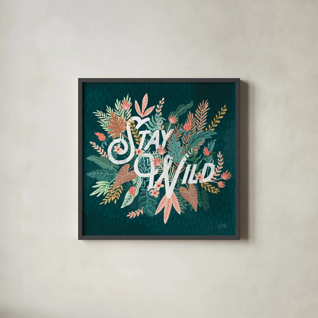 Jungle Hangout V No Sloth by Laura Marshall. Shown in a sleek black glass frame for a contemporary gallery look. Available as an archival giclee rolled canvas, fine art paper, or poster print. SKU 59123a.