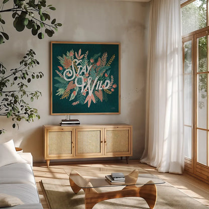 Jungle Hangout V No Sloth by Laura Marshall. Shown in a natural wood frame in a cozy modern living room. Available as an archival giclee rolled canvas, fine art paper, or poster print. SKU 59123a.