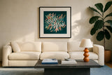 Jungle Hangout V No Sloth by Laura Marshall. Displayed in a glass frame with matte in a clean modern living room. Available as an archival giclee rolled canvas, fine art paper, or poster print. SKU 59123a.