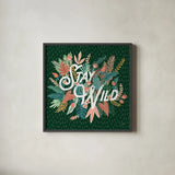 Jungle Hangout V No Sloth Emerald Green by Laura Marshall. Shown in a sleek black glass frame for a contemporary gallery look. Available as an archival giclee rolled canvas, fine art paper, or poster print. SKU 59163a.