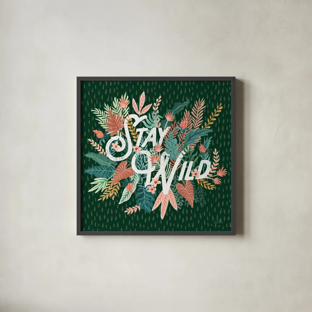 Jungle Hangout V No Sloth Emerald Green by Laura Marshall. Shown in a sleek black glass frame for a contemporary gallery look. Available as an archival giclee rolled canvas, fine art paper, or poster print. SKU 59163a.