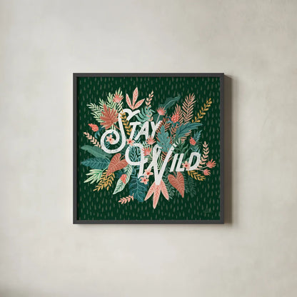 Jungle Hangout V No Sloth Emerald Green by Laura Marshall. Shown in a sleek black glass frame for a contemporary gallery look. Available as an archival giclee rolled canvas, fine art paper, or poster print. SKU 59163a.