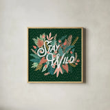 Jungle Hangout V No Sloth Emerald Green by Laura Marshall. Shown in a natural wood glass frame for a timeless modern aesthetic. Available as an archival giclee rolled canvas, fine art paper, or poster print. SKU 59163a.