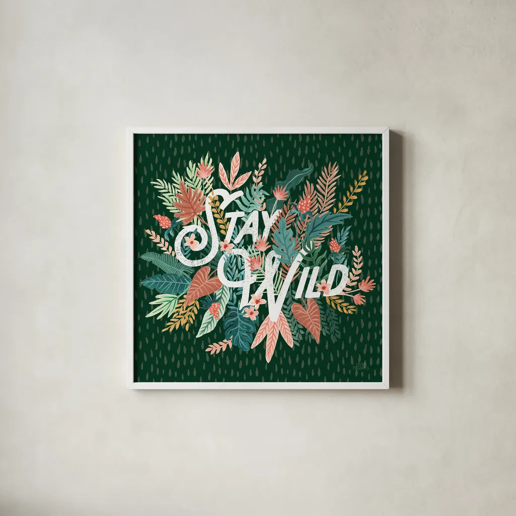 Jungle Hangout V No Sloth Emerald Green by Laura Marshall. Shown in a crisp white glass frame for a clean and minimalist style. Available as an archival giclee rolled canvas, fine art paper, or poster print. SKU 59163a.