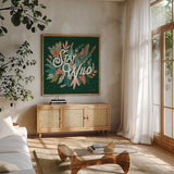 Jungle Hangout V No Sloth Emerald Green by Laura Marshall. Shown in a natural wood frame in a cozy modern living room. Available as an archival giclee rolled canvas, fine art paper, or poster print. SKU 59163a.