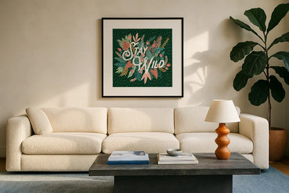 Jungle Hangout V No Sloth Emerald Green by Laura Marshall. Displayed in a glass frame with matte in a clean modern living room. Available as an archival giclee rolled canvas, fine art paper, or poster print. SKU 59163a.