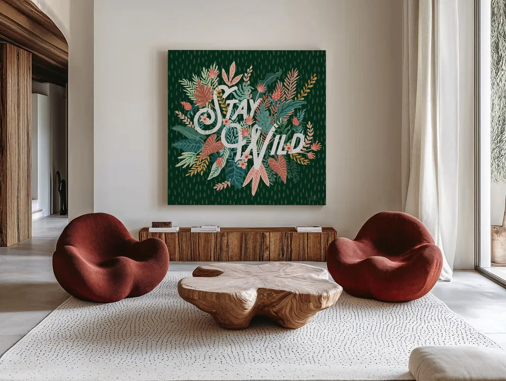 Jungle Hangout V No Sloth Emerald Green by Laura Marshall. Shown as extra-large giant wall art in a modern living room. Available as an archival giclee rolled canvas, fine art paper, or poster print. SKU 59163a.