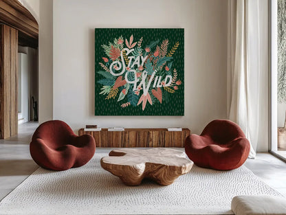 Jungle Hangout V No Sloth Emerald Green by Laura Marshall. Shown as extra-large giant wall art in a modern living room. Available as an archival giclee rolled canvas, fine art paper, or poster print. SKU 59163a.