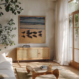 Kalaloch Birds I by Laura Marshall. Shown in a natural wood frame in a cozy modern living room. Available as an archival giclee rolled canvas, fine art paper, or poster print. SKU 42971a.