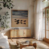 Kalaloch Birds II by Laura Marshall. Shown in a natural wood frame in a cozy modern living room. Available as an archival giclee rolled canvas, fine art paper, or poster print. SKU 42972a.