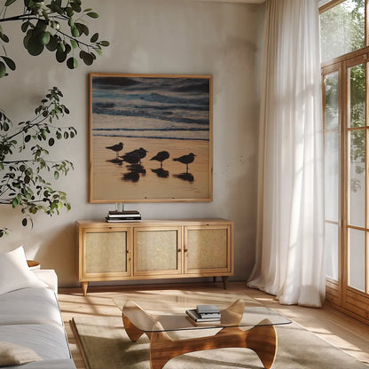 Kalaloch Birds II by Laura Marshall. Shown in a natural wood frame in a cozy modern living room. Available as an archival giclee rolled canvas, fine art paper, or poster print. SKU 42972a.