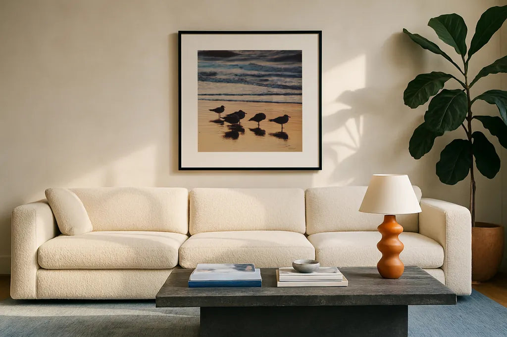 Kalaloch Birds II by Laura Marshall. Displayed in a glass frame with matte in a clean modern living room. Available as an archival giclee rolled canvas, fine art paper, or poster print. SKU 42972a.