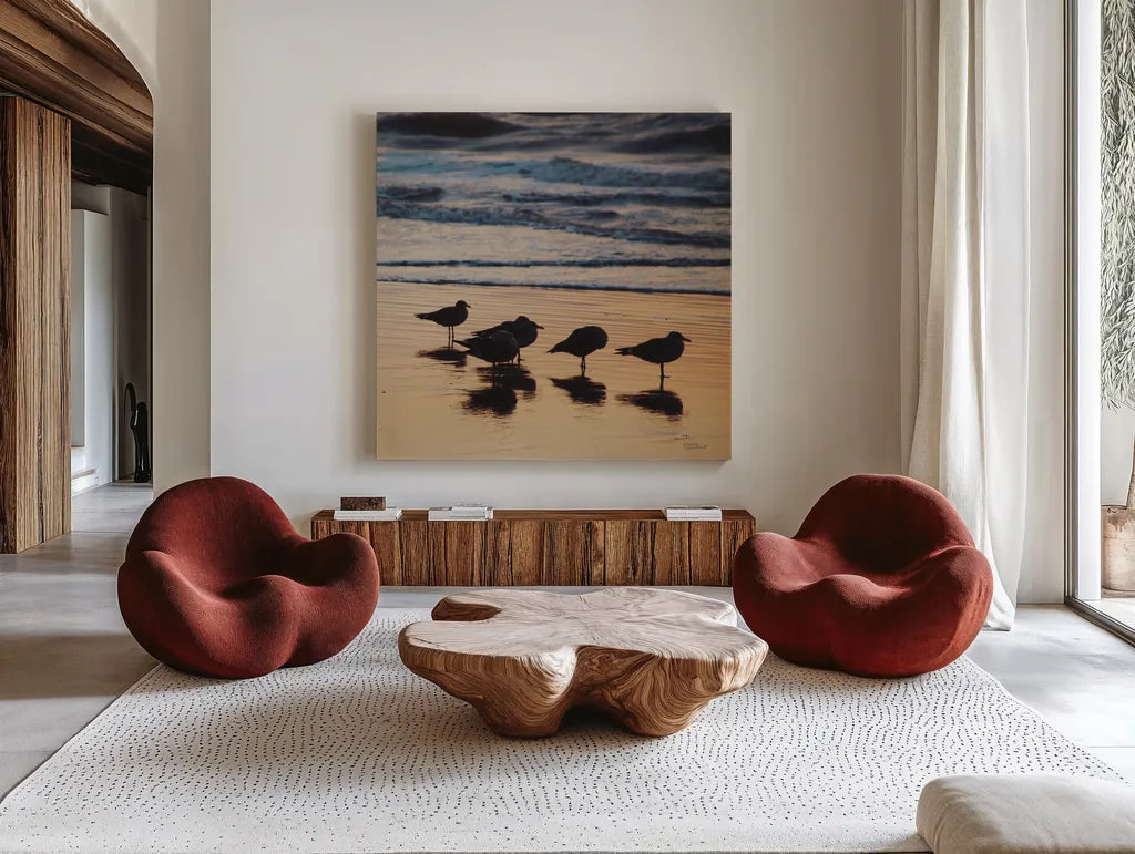 Kalaloch Birds II by Laura Marshall. Shown as extra-large giant wall art in a modern living room. Available as an archival giclee rolled canvas, fine art paper, or poster print. SKU 42972a.