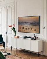 Kalaloch Birds IV by Laura Marshall. shown as a framed stretched canvas in a living room above a console. Available as a archival giclee rolled canvas, fine art paper, or poster print. SKU 42974i.