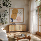 Kitchen Table II by Laura Marshall. Shown in a natural wood frame in a cozy modern living room. Available as an archival giclee rolled canvas, fine art paper, or poster print. SKU 56338a.