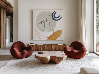 Kitchen Table III by Laura Marshall. Shown as extra-large giant wall art in a modern living room. Available as an archival giclee rolled canvas, fine art paper, or poster print. SKU 56339a.