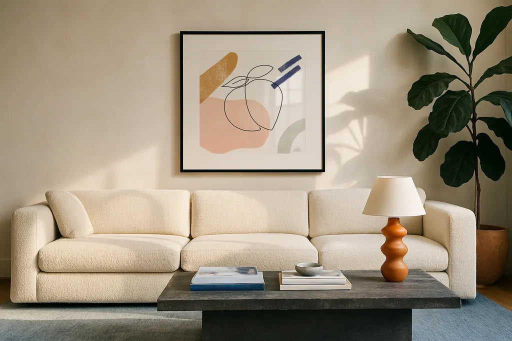 Kitchen Table IV by Laura Marshall. Displayed in a glass frame with matte in a clean modern living room. Available as an archival giclee rolled canvas, fine art paper, or poster print. SKU 56340a.