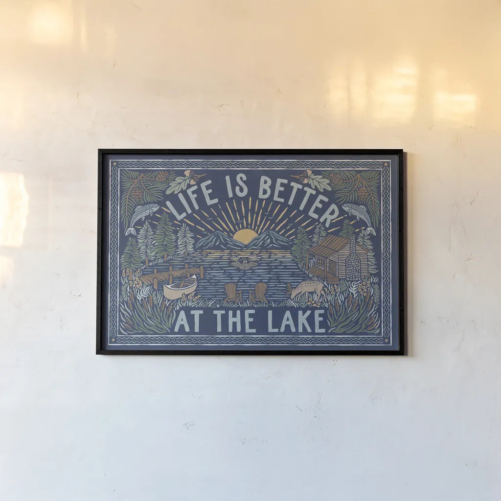 Lakeside Days I Blue by Laura Marshall. shown as a paper print in a black flame. Available as a archival giclee rolled canvas, fine art paper, or poster print. SKU 84695i.