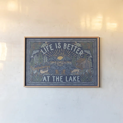 Lakeside Days I Blue by Laura Marshall. shown as a paper print in a natural frame. Available as a archival giclee rolled canvas, fine art paper, or poster print. SKU 84695i.