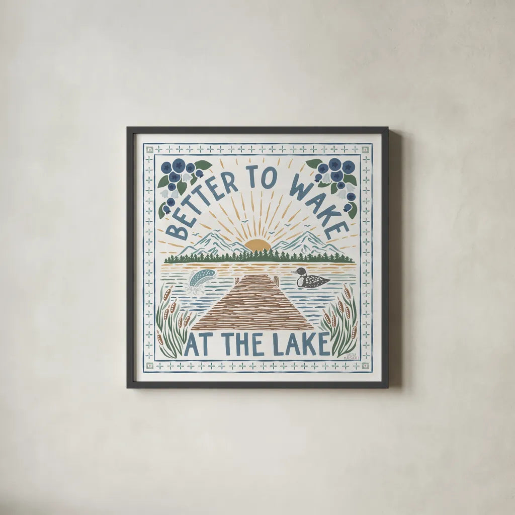 Lakeside Days II by Laura Marshall. Shown in a sleek black glass frame for a contemporary gallery look. Available as an archival giclee rolled canvas, fine art paper, or poster print. SKU 84684a.