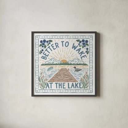 Lakeside Days II by Laura Marshall. Shown in a sleek black glass frame for a contemporary gallery look. Available as an archival giclee rolled canvas, fine art paper, or poster print. SKU 84684a.