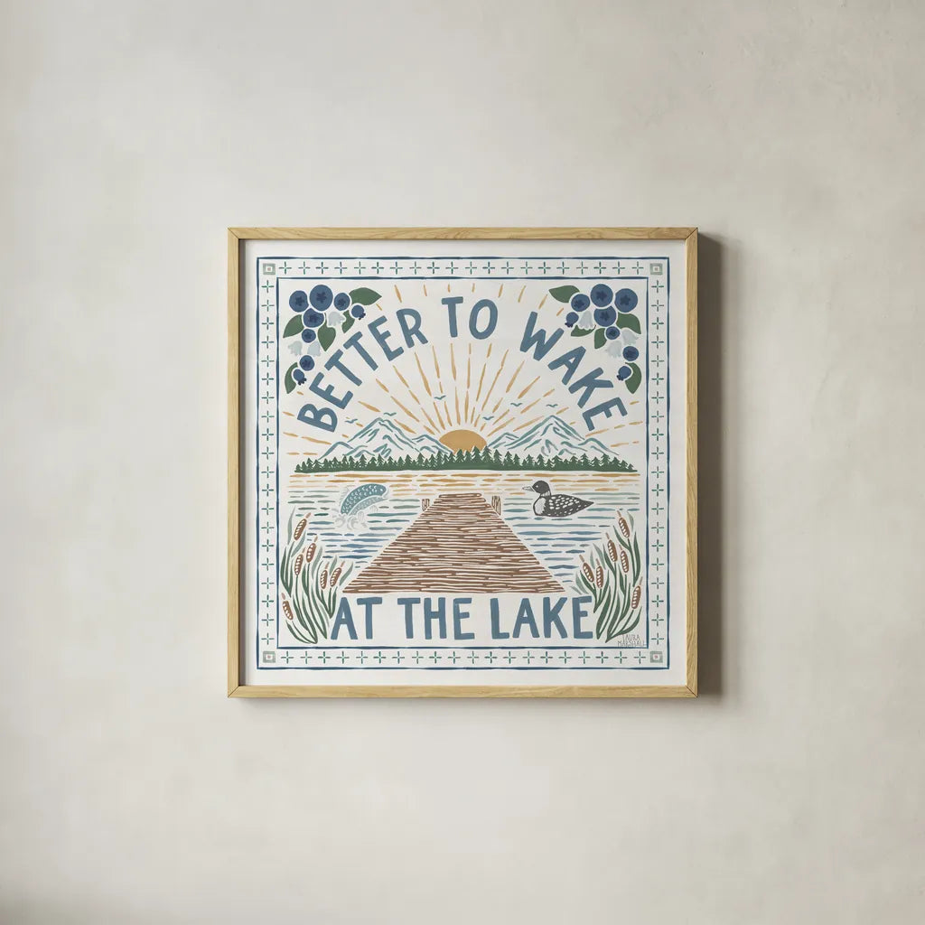 Lakeside Days II by Laura Marshall. Shown in a natural wood glass frame for a timeless modern aesthetic. Available as an archival giclee rolled canvas, fine art paper, or poster print. SKU 84684a.