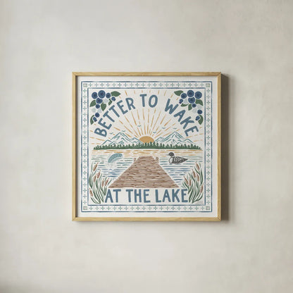 Lakeside Days II by Laura Marshall. Shown in a natural wood glass frame for a timeless modern aesthetic. Available as an archival giclee rolled canvas, fine art paper, or poster print. SKU 84684a.