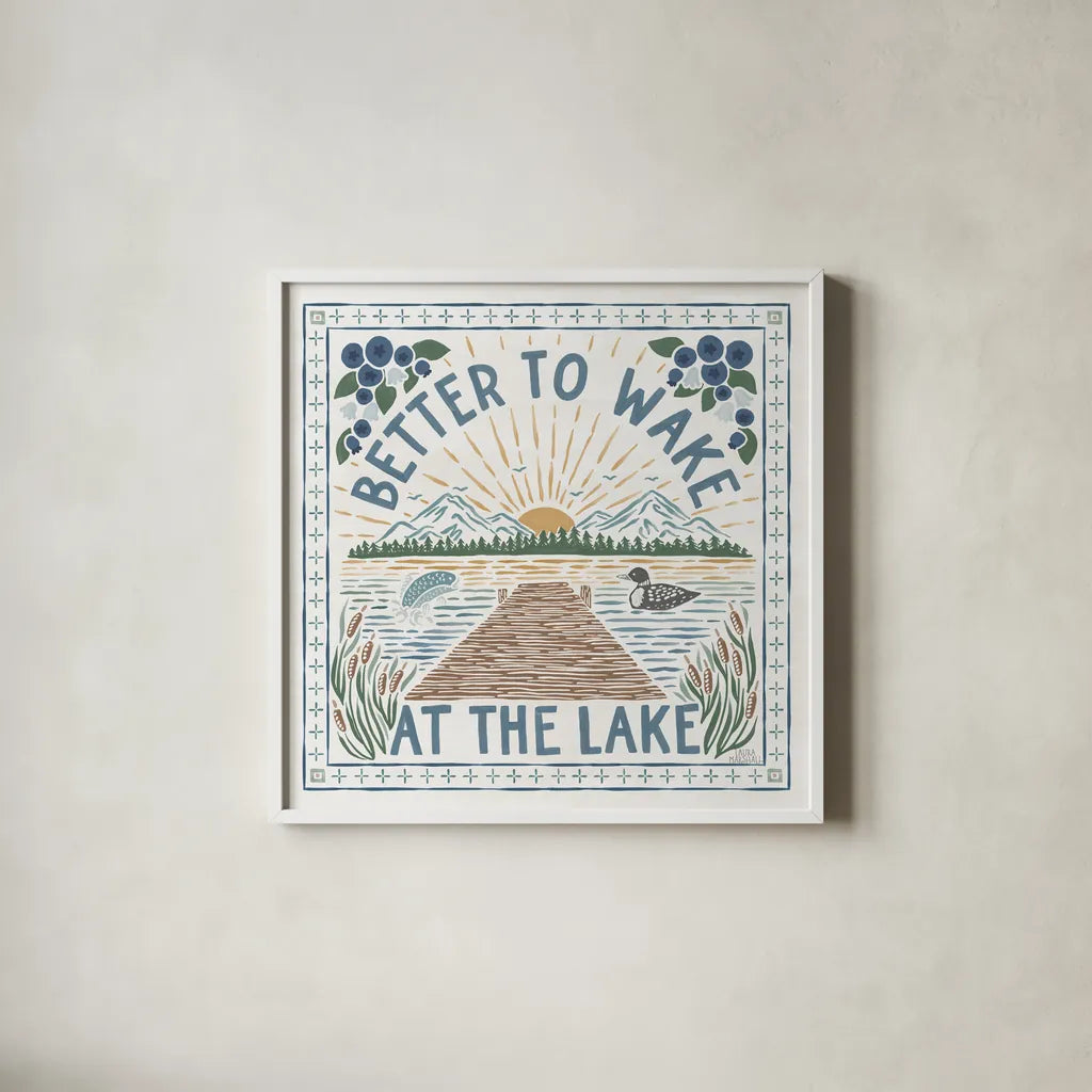 Lakeside Days II by Laura Marshall. Shown in a crisp white glass frame for a clean and minimalist style. Available as an archival giclee rolled canvas, fine art paper, or poster print. SKU 84684a.