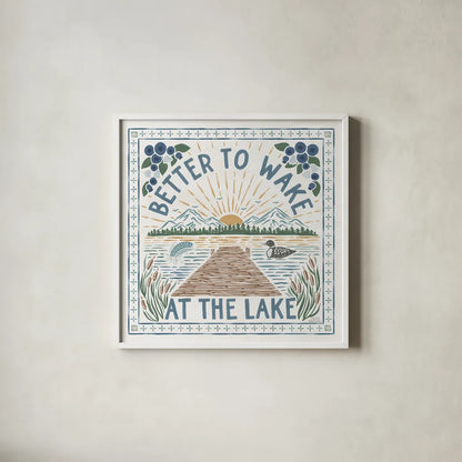Lakeside Days II by Laura Marshall. Shown in a crisp white glass frame for a clean and minimalist style. Available as an archival giclee rolled canvas, fine art paper, or poster print. SKU 84684a.