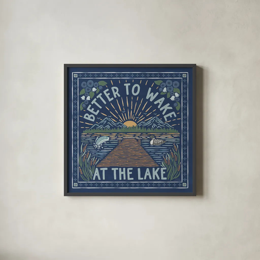 Lakeside Days II Blue by Laura Marshall. Shown in a sleek black glass frame for a contemporary gallery look. Available as an archival giclee rolled canvas, fine art paper, or poster print. SKU 84696a.